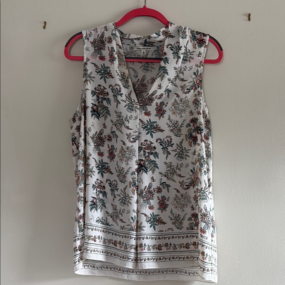 White and Black Floral Notched Collar Blouse